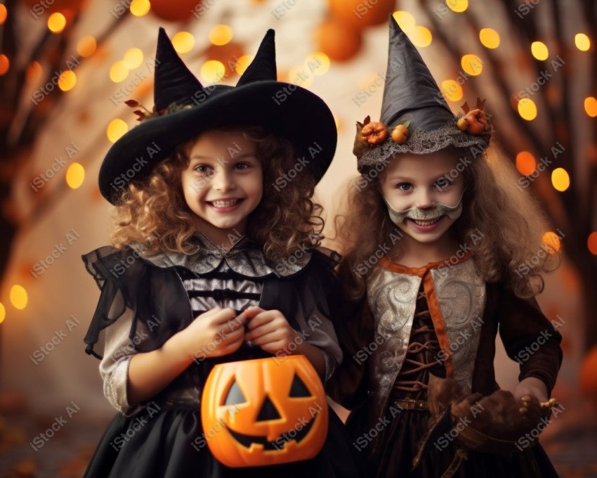 Happy halloween children in costumes and makeup holiday happy ha