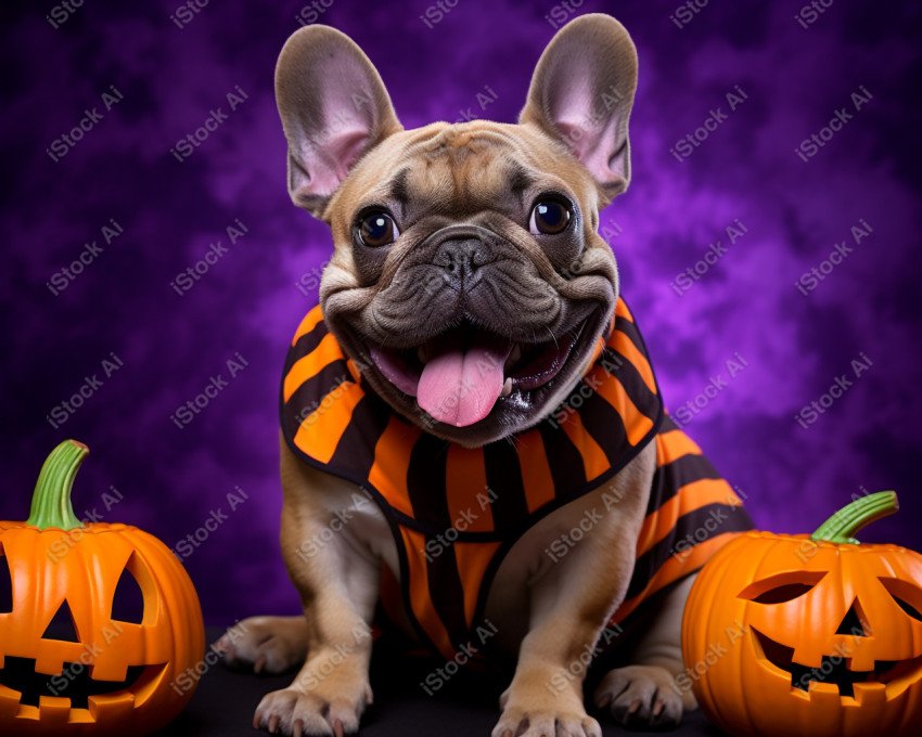 Adorable French Bulldog in Halloween Costume with Evil Pumpkins