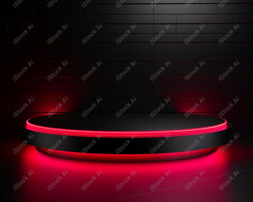 Neon Red light round podium and black background for mock up, Bl