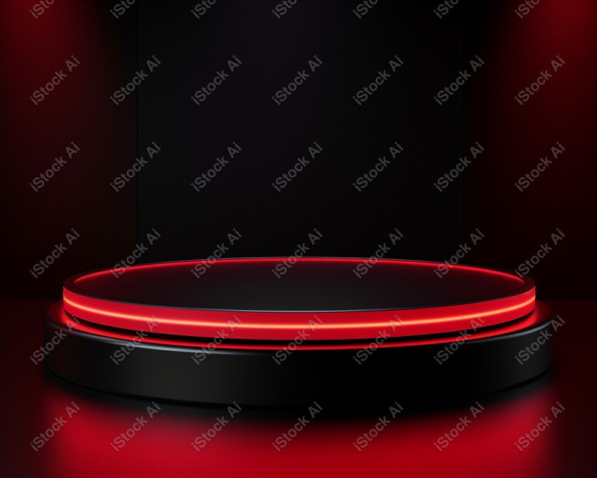 Neon Red light round podium and black background for mock up, Bl