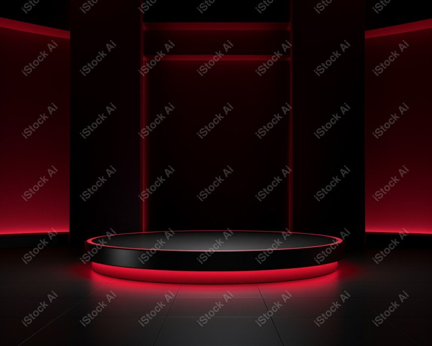 Neon Red light round podium and black background for mock up, Bl