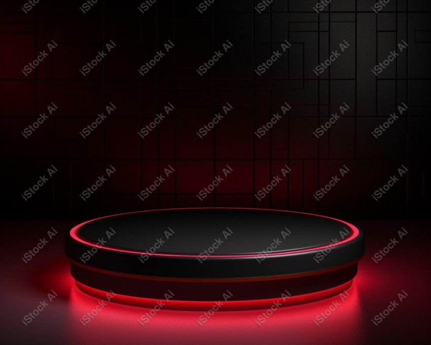 Neon Red light round podium and black background for mock up, Bl