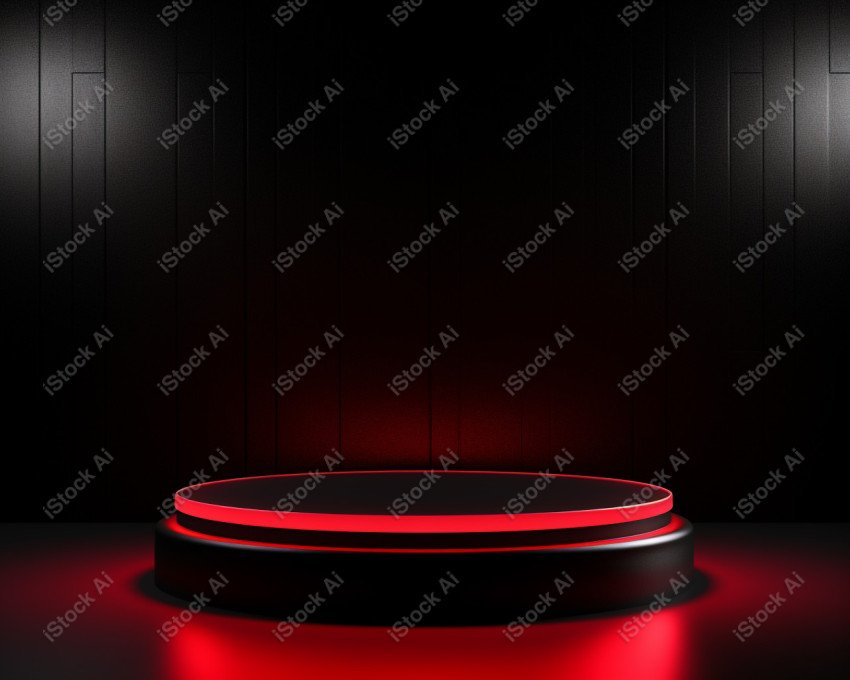 Neon Red light round podium and black background for mock up, Bl