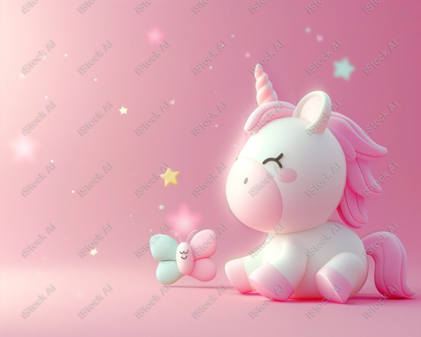 Cute unicorn, pink background, with butterfly and stars