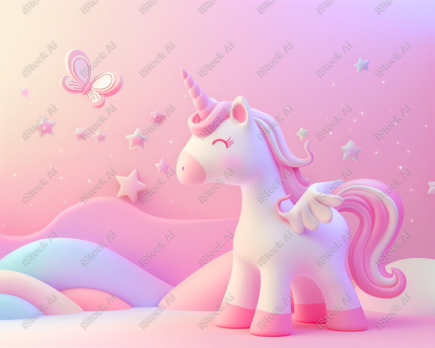 Cute unicorn, pink background, with butterfly and stars