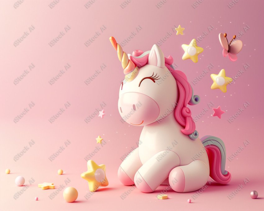 Cute unicorn, pink background, with butterfly and stars