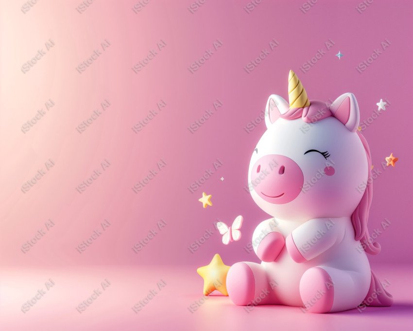 Cute unicorn, pink background, with butterfly and stars