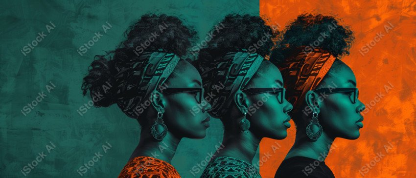 A orange and dark green duotone image of 3 women for women's history graphic celebrating women's history (43)