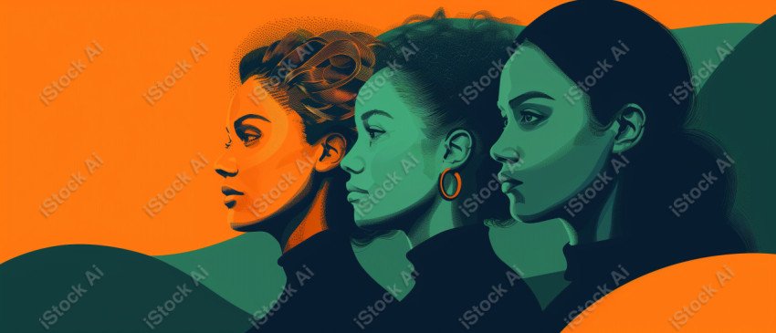 A orange and dark green duotone image of 3 women for women's history graphic celebrating women's history (45)