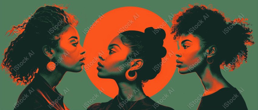 A orange and dark green duotone image of 3 women for women's history graphic celebrating women's history (46)