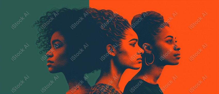 A orange and dark green duotone image of 3 women for women's history graphic celebrating women's history (42)