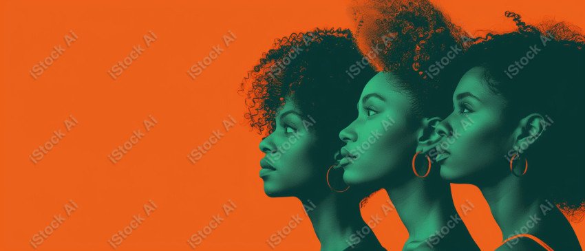 A orange and dark green duotone image of 3 women for women's history graphic celebrating women's history (48)