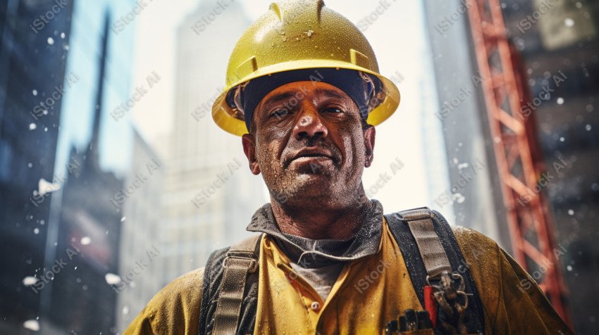 Vibrant photography that captures the essence of Labor Day, Close up of a hard wearing construction worker drenched in sweat (25)