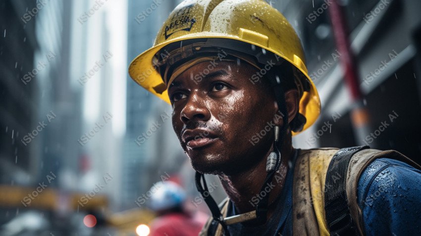 Vibrant photography that captures the essence of Labor Day, Close up of a hard wearing construction worker drenched in sweat (4)