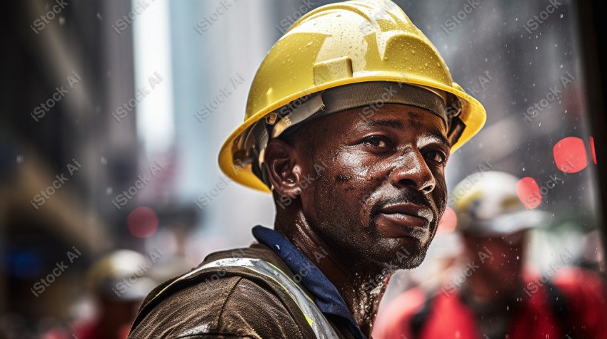 Vibrant photography that captures the essence of Labor Day, Close up of a hard wearing construction worker drenched in sweat (29)