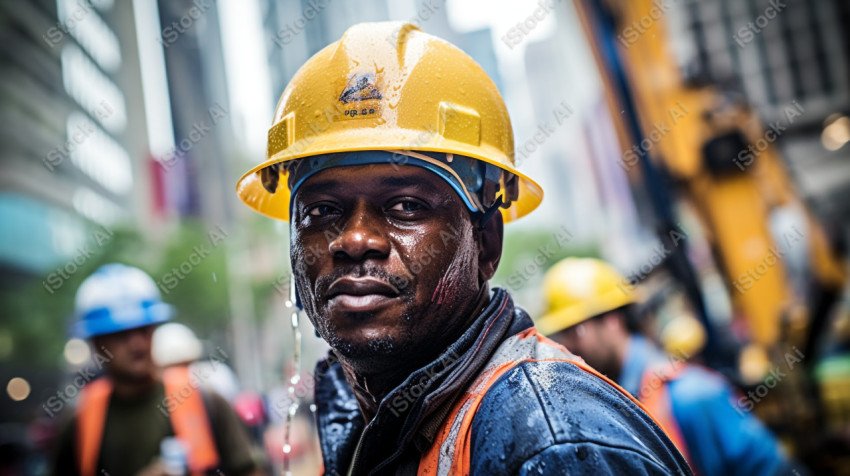 Vibrant photography that captures the essence of Labor Day, Close up of a hard wearing construction worker drenched in sweat (10)