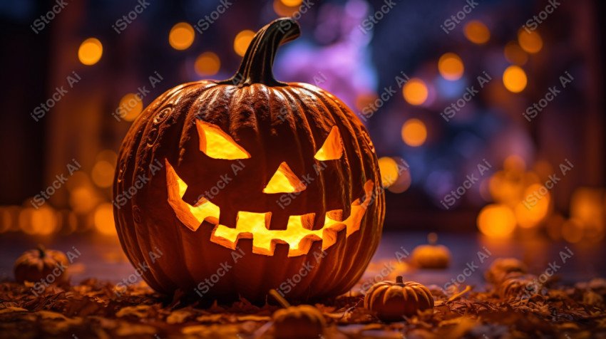 A carved pumpkin surrounded by strange Halloween lights, casting