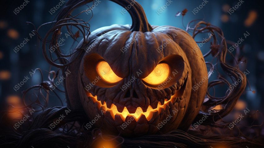 A carved pumpkin surrounded by strange Halloween lights, casting