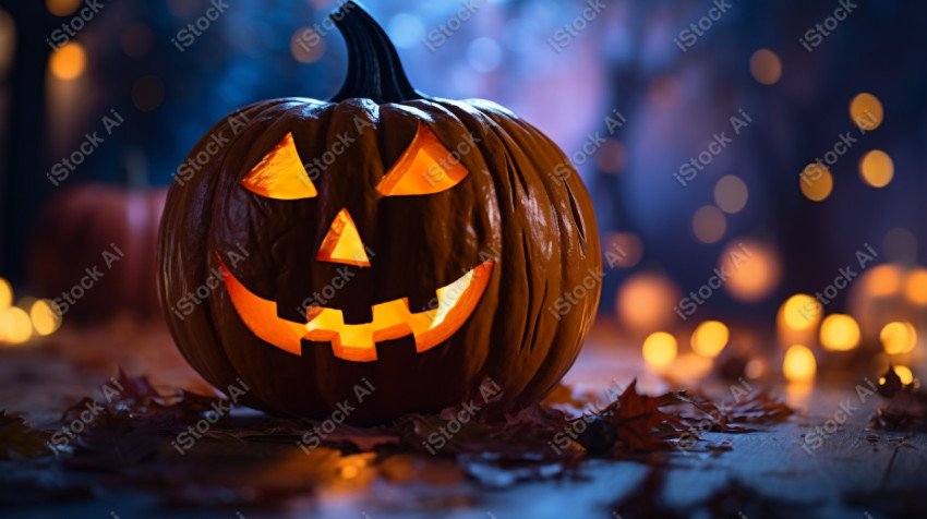 A carved pumpkin surrounded by strange Halloween lights, casting