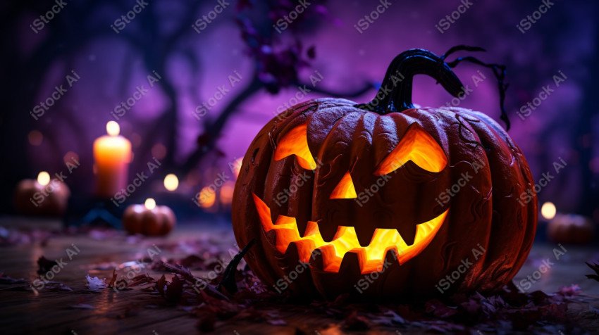 A carved pumpkin surrounded by strange Halloween lights, casting