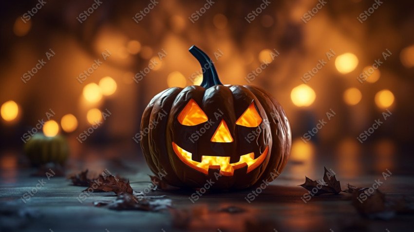 A carved pumpkin surrounded by strange Halloween lights, casting