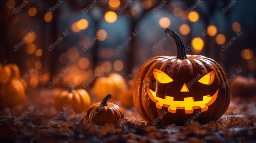 A carved pumpkin surrounded by strange Halloween lights, casting