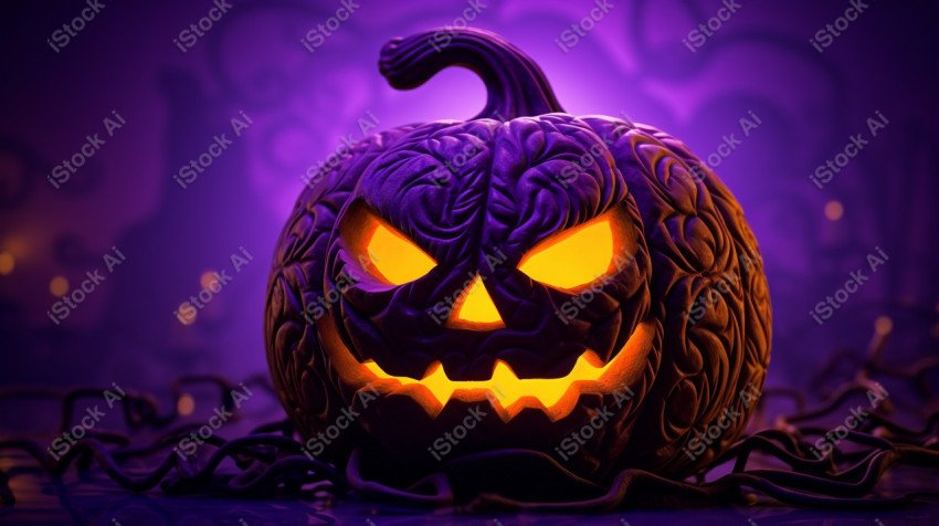 A pumpkin with Halloween lights against a purple background, exu