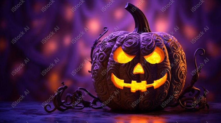 A pumpkin with Halloween lights against a purple background, exu