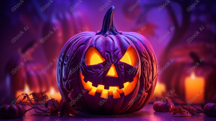 A pumpkin with Halloween lights against a purple background, exu