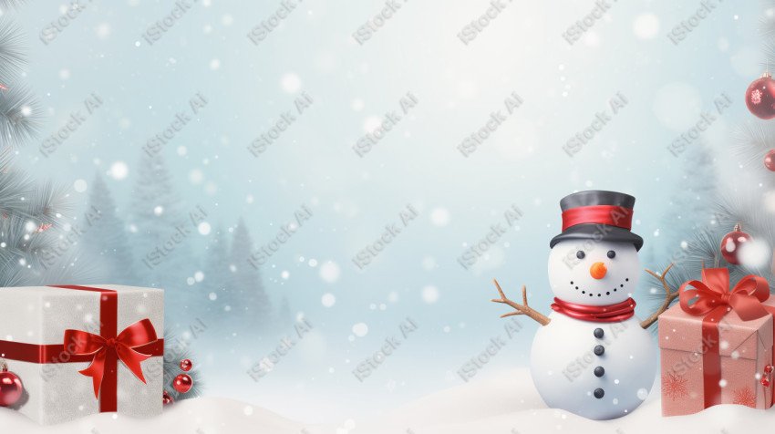 A Christmas background with snowman, red and white colors