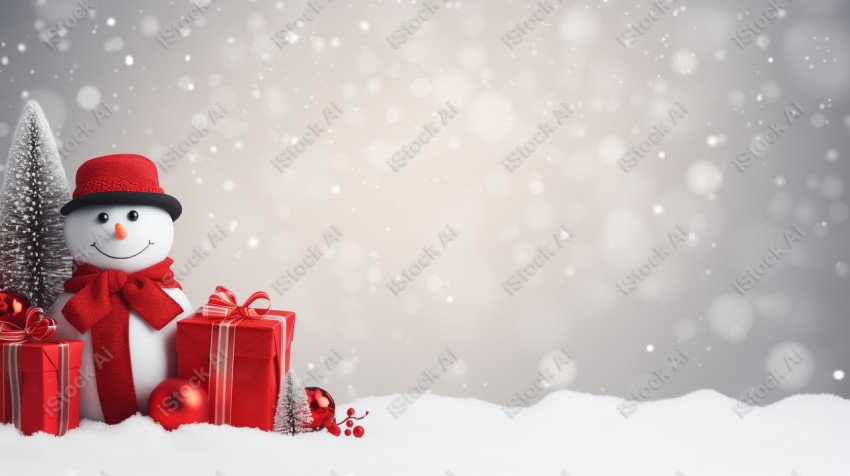 A Christmas background with snowman, red and white colors