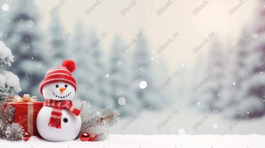 A Christmas background with snowman, red and white colors