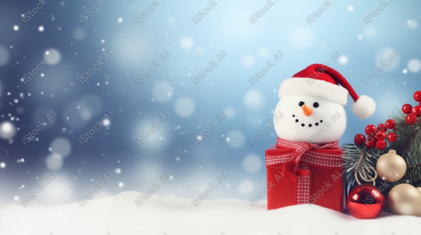 A Christmas background with snowman, red and white colors