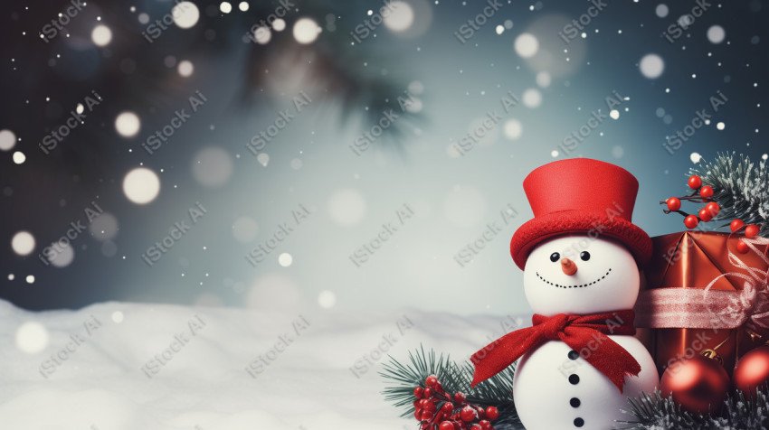 A Christmas background with snowman, red and white colors