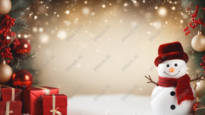 A Christmas background with snowman, red and white colors