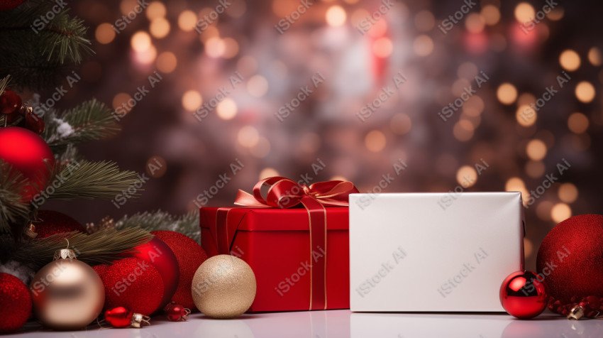 Christmas background, tree branches, gift boxes, red baubles