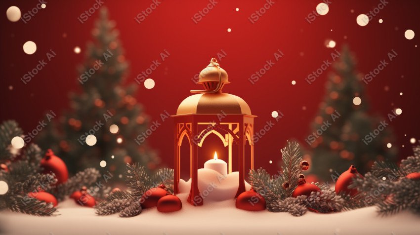 Red background with lantern, Christmas decoration