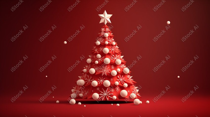 Red background of Merry Christmas card, Christmas tree and snow