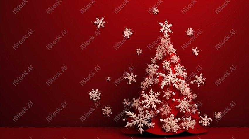 Red background of Merry Christmas card, Christmas tree and snow