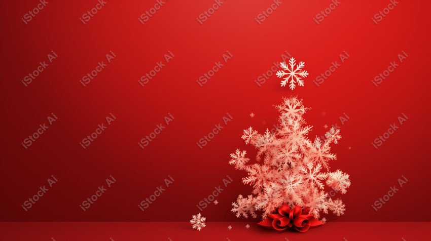 Red background of Merry Christmas card, Christmas tree and snow