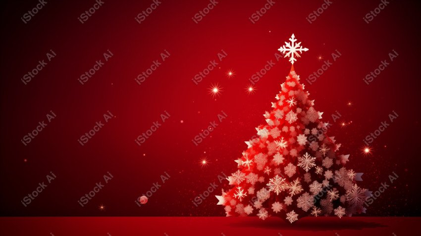 Red background of Merry Christmas card, Christmas tree and snow