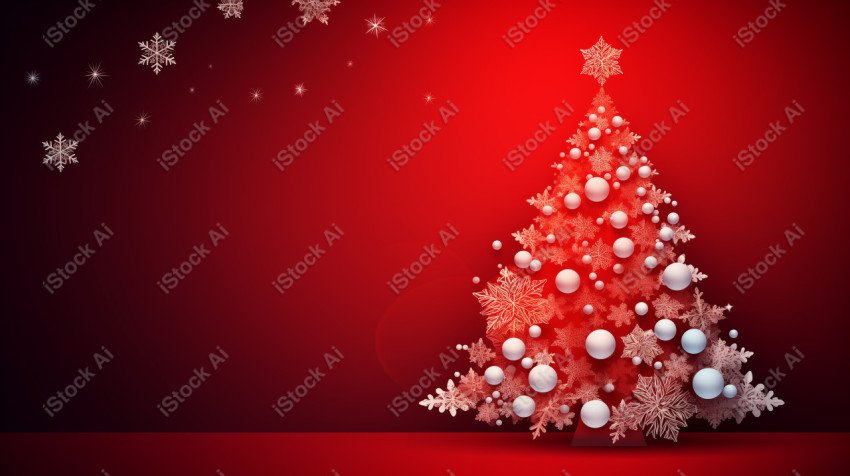 Red background of Merry Christmas card, Christmas tree and snow