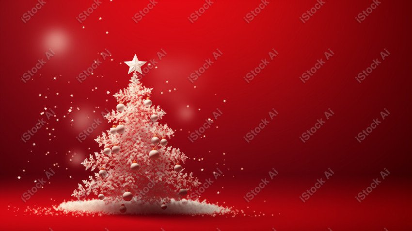 Red background of Merry Christmas card, Christmas tree and snow