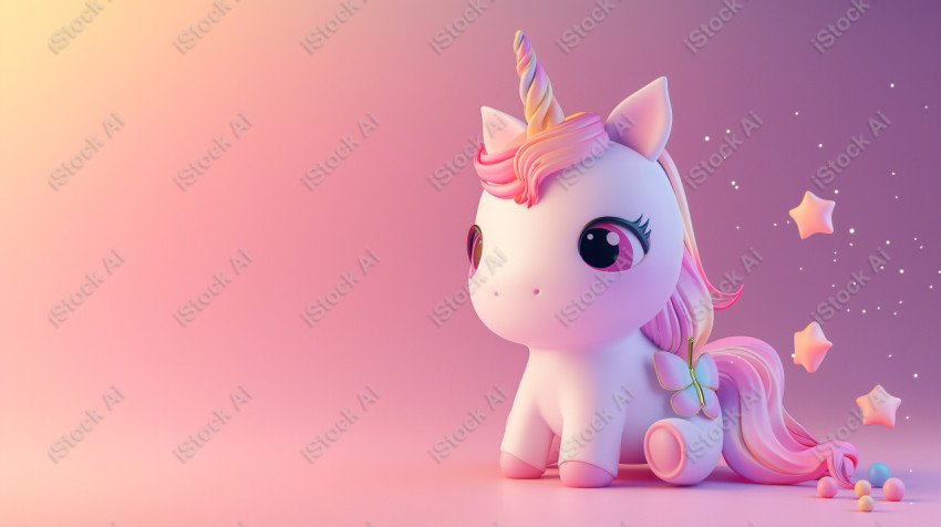 Cute unicorn, pink background, with butterfly and stars