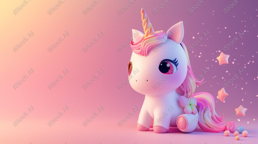 Cute unicorn, pink background, with butterfly and stars