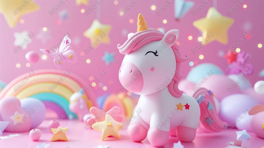 Cute unicorn, pink background, with butterfly and stars