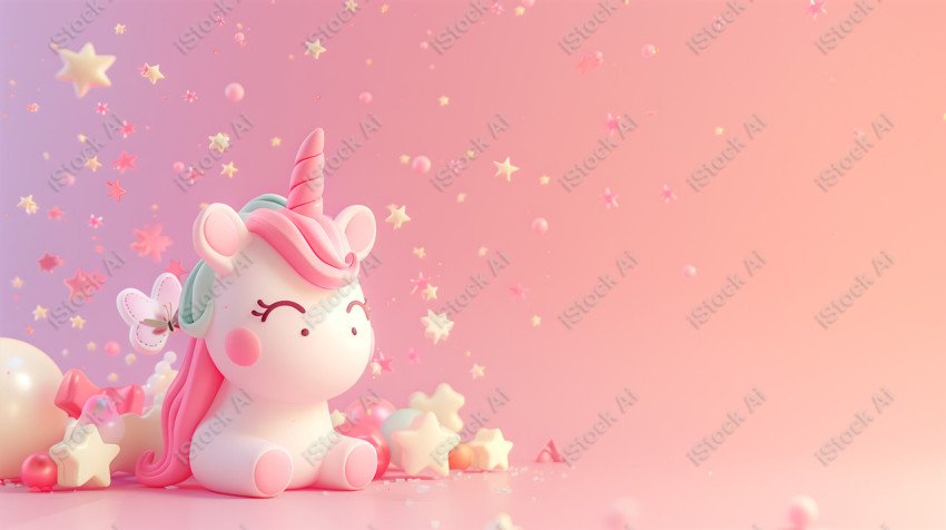 Cute unicorn, pink background, with butterfly and stars