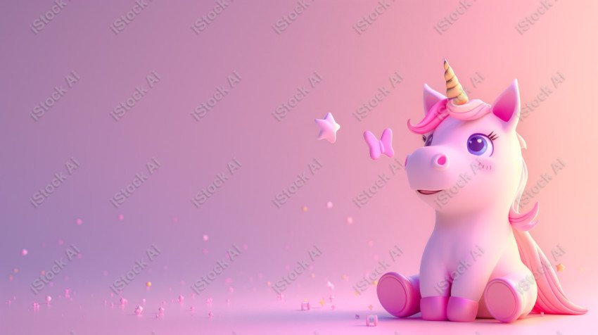 Cute unicorn, pink background, with butterfly and stars