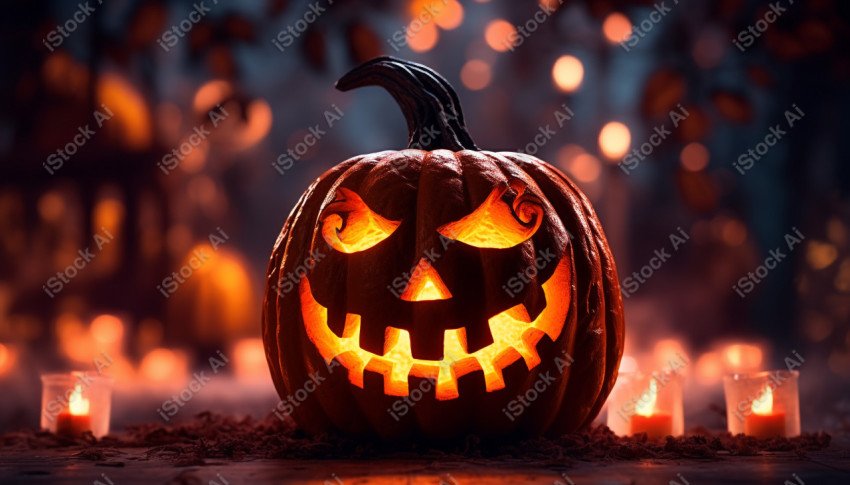 A carved pumpkin surrounded by strange Halloween lights, casting