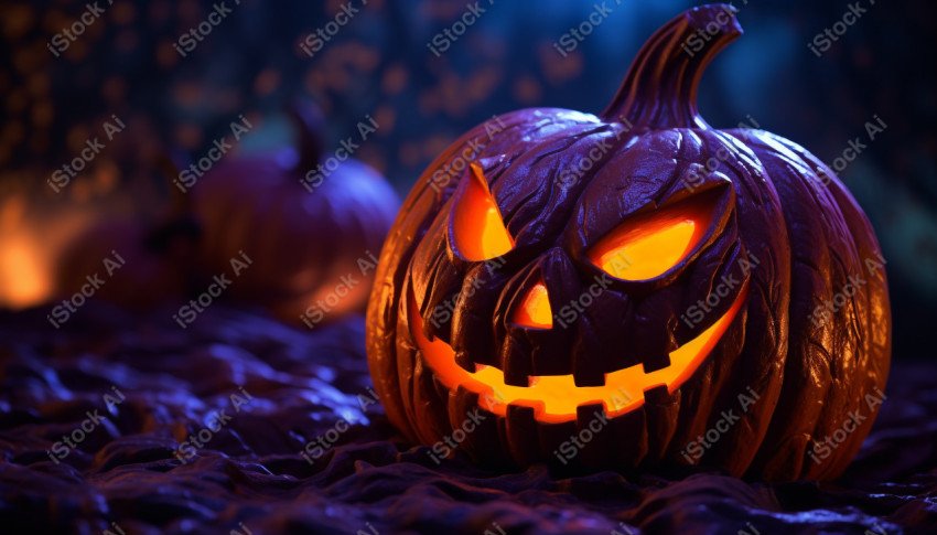 A carved pumpkin surrounded by strange Halloween lights, casting